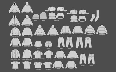vector apparel mockup set collection. men's t-shirt trucker hoodie joggers jacket short sweater pant
