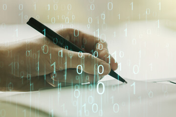 Aufkleber - Creative abstract binary code hologram and man hand writing in diary on background, AI and machine learning concept. Multiexposure