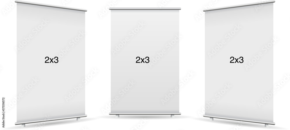 Set of 3 empty standee or rollup banner display mockup on isolated ...