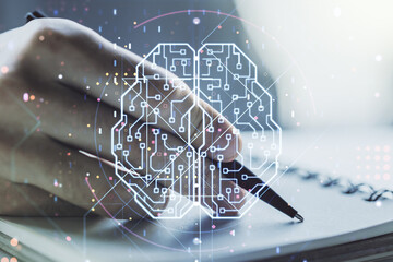 Poster - Creative artificial Intelligence concept with human brain sketch and man hand writing in diary on background. Double exposure