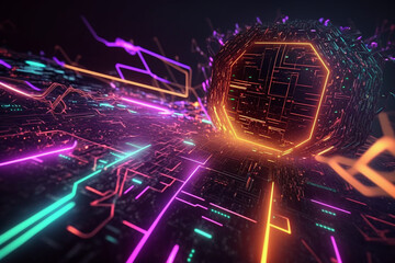 Aufkleber - digital cyber security background, information flow neon lighting illustration Generative AI
