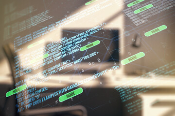 Poster - Abstract creative coding concept and modern desktop with computer on background. Multiexposure