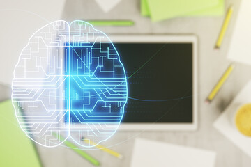Aufkleber - Double exposure of creative artificial Intelligence symbol and digital tablet on background, top view. Neural networks and machine learning concept