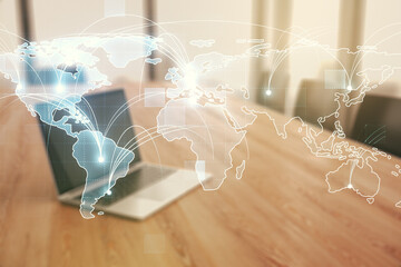 Leinwandbilder - Abstract graphic digital world map with connections on modern computer background, globalization concept. Multiexposure