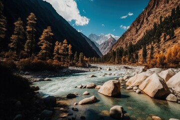 Wall Mural - The valley of Gangotri National Park, where the Ganga River flows, is home to a breathtaking panorama. Generative AI