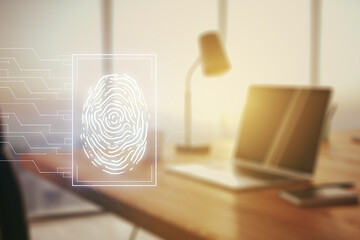 Aufkleber - Multi exposure of abstract graphic fingerprint sketch on modern computer background, fingerprint scan data concept