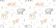 Graphic hand drawn scandinavian forest seamless pattern. Woodland forest animals bear, fox, moose, plants, spruce on white background . Vintage style engraving. Nature wallpaper for children's room.