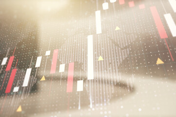 Poster - Multi exposure of virtual creative financial graph and world map on empty corporate office background, forex and investment concept