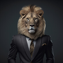 Realistic Lifelike Glam Lion In Black Tie Cocktail Dress Ball Gala, Commercial, Editorial Advertisement, Surreal Surrealism