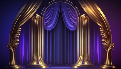 Wall Mural - Blue purple Golden Curtain Stage Award Background. Trophy on Red Carpet Luxury Background. Generative ai