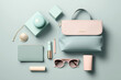 Fashion woman accessories on pastel background. Stylish hand bag, cosmetics, glasses and notebook, top view, flat lay. AI generated image
