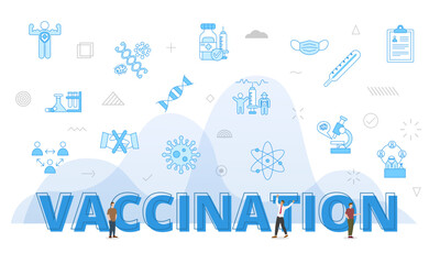 Wall Mural - vaccination concept with big words and people surrounded by related icon with blue color style