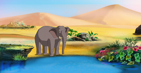 Wall Mural - African elephant near a pond illustration