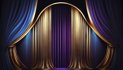 Wall Mural - Blue purple Golden Curtain Stage Award Background. Trophy on Red Carpet Luxury Background. Generative ai