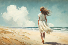 Young Woman Walks On Beach Alone, Girl Wearing White Dress By Sea, Generative AI, Painting Style