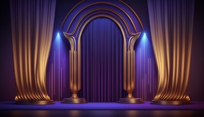 Wall Mural - Blue purple Golden Curtain Stage Award Background. Trophy on Red Carpet Luxury Background. Generative ai