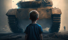 A Homeless Little Boy Bravely Stands Up Against A Tank In Defiance. A Kid Fighting Against Occupation, Aggression, Big Threats, World Hypocrisy. A Hidden Story Of Every Day, Every Life. Generative AI