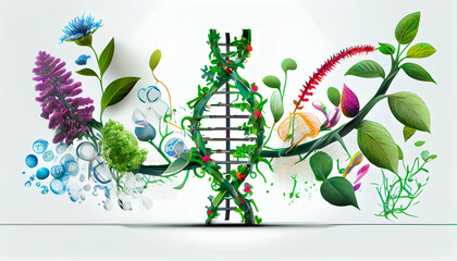 Wall Mural - Biology laboratory nature and science, plant and environmental study, DNA, gene therapy, and plants with biochemistry structures on white backgrounds. Generative AI