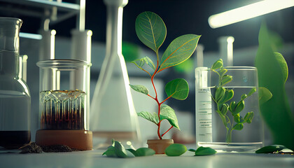 Wall Mural - Biology laboratory nature and science, plant and environmental study, DNA, gene therapy, and plants with biochemistry structures on white backgrounds. Generative AI