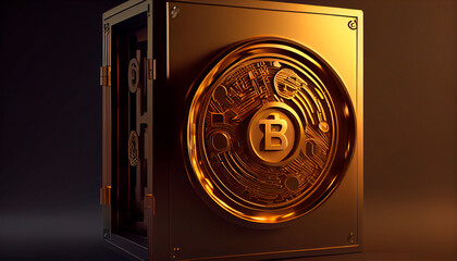 Wall Mural - Gold Safe deposit with bitcoin logo. Concept symbol of cryptocurrency safety in internet blockchain virtual. Copy space banner. Generative AI