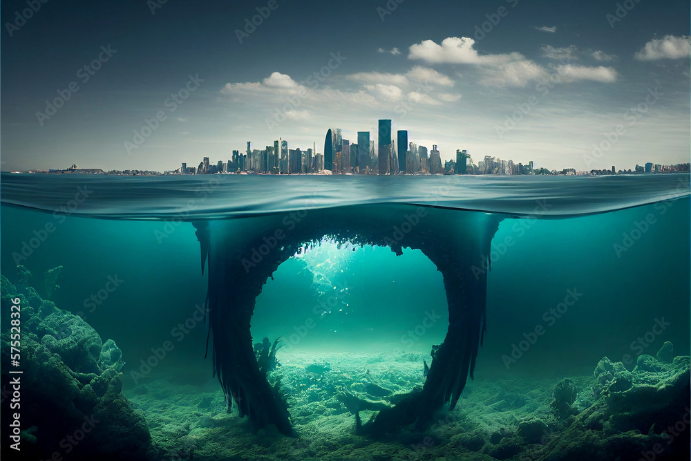 This AI-generated photo depicts a city submerged halfway in the sea ...