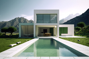 Wall Mural - Wonderful residential villa with minimalist modern architecture, swimming pool and mountain view in the background. Generative AI illustration