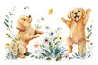 Two smiling golden retriever puppies dancing in a spring flower garden. Digital watercolor cartoon over generative ai.