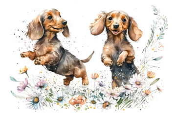 Two smiling dachshund puppies jumping on a spring flower meadow. Digital watercolor cartoon over generative ai.