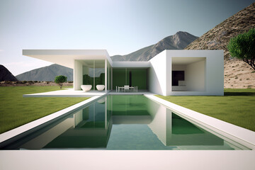 Wall Mural - beautiful residential villa with minimalist modern architecture, swimming pool and mountain view in the background. Generative AI illustration