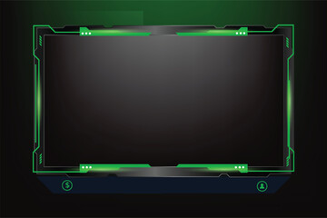 Poster - Gaming screen overlay decoration with futuristic shapes and dark color. Live gaming overlay design with buttons and screen panels. Live streaming overlay vector with green color for online gamers.