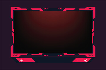 Poster - Gaming screen panel design with red borders on a dark background. Live streaming overlay vector with buttons for online gamers. Gamers screen panel decoration with abstract shapes and lights.