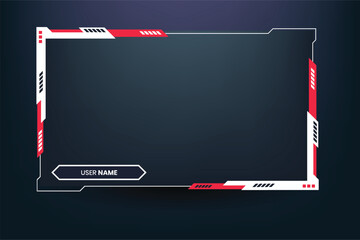 Gamer broadcast screen panel decoration with red and white colors. Futuristic gaming screen interface design for live gamers. Abstract streaming overlay and screen border template vector.