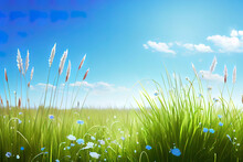 Spring Meadow With Long Grass, Wild Flowers And Clear Blue Sky. Generative Ai