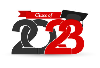 Class 2023. Stylized inscription with the year and the graduate's cap. Vector illustration for graduation themed design