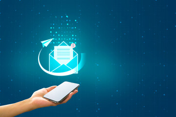 Aufkleber - Mobile mail application, communication and mail concept with digital blue envelope with notification alert and paper plane above human hand with modern smartphone on abstract blank background, mockup