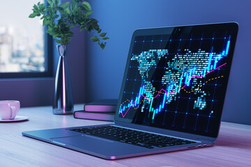 Poster - Close up of laptop on desktop with coffee cup, decorative plant and glowing candlestick forex chart map on blurry background with window and city view. Trade and market concept. 3D Rendering.