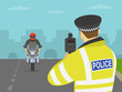 Close-up of british traffic police officer holding a radar speed gun on highway. Front view of a moto rider on road. Flat vector illustration template.