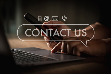 Poster - CONTACT US (Customer Support Hotline people CONNECT ) Businessman touching phone application check  email