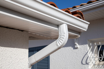 Wall Mural - white gutter guard system siding at a luxury single family home neighborhood