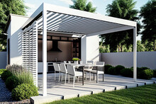 Modern Patio Furniture Include A Pergola Shade Structure, An Awning, A Patio Roof, A Dining Table, Seats, And A Metal Grill