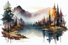 Mountains, Forests, And A Lake Are Shown In A Watercolor Scene. Autumnal Landscape. Beautiful Woodland Picture With A Trip Feel