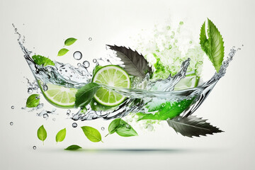 Water splash on white background with lime slices, mint leaves, and ice cubes as a concept for summertime libations. Generative AI