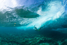 Underwater Shot Of A Surfer Falling From His Board And Almost Hitting The Reef
