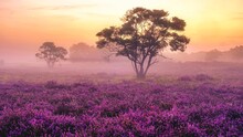 Blooming Heather Fields, Purple Pink Heather In Bloom, Blooming Heater On The Veluwe Zuiderheide Park, Netherlands. Holland During Sunrise With Fog And Mist