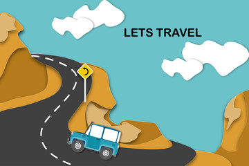 road trip Drive on a landscaped uphill curve. text cloud vector illustration