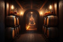 Wine Barrels In The Cellar Of The Winery. Generative AI