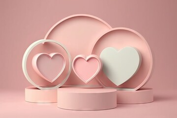 Poster - Generative AI of minimal geometric forms. Pink podium for product presentation. Cylinder podium with hearts.