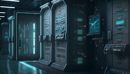 Poster - Futuristic server room data center. Generative AI