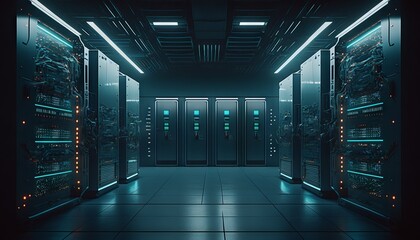 Poster - Dark server room interior with rows of server racks. Generative AI