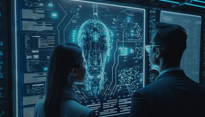 Poster - Back view of businessman and businesswoman looking at digital interface with brain hologram. Generative AI